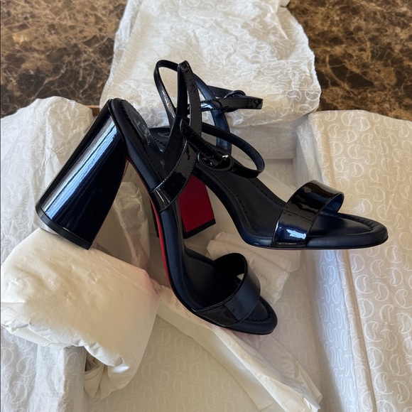 Christian Louboutin miss Jane block heel patent sandal pumps blue zaffiro sz 38 - Picture 6 of 9